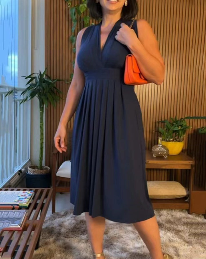 Damen nan ärmelloses V-Ausschnitt-Midikleid mit Unterbrustnaht und schmeichelndem Faltenrock Drune