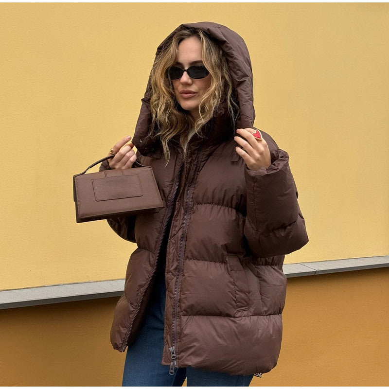 Damen Gefütterte Oversize-Steppjacke mit Volumenärmeln und abnehmbarem Kapuzenkragen Drune