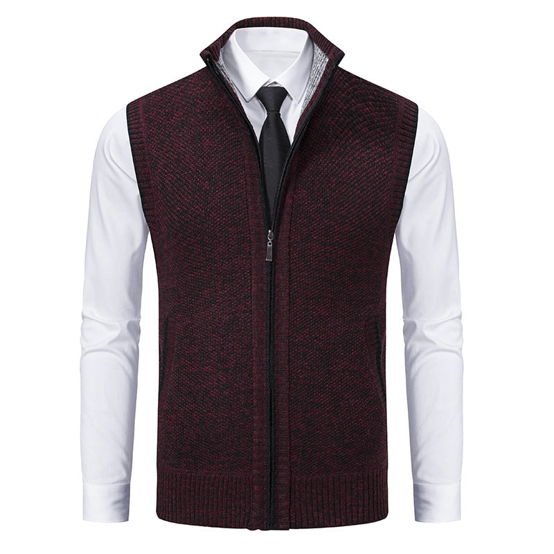 Herren Ärmellose Mélange‑Strickweste mit Stehkragen, durchgehendem Reißverschluss und Eingrifftaschen Drune