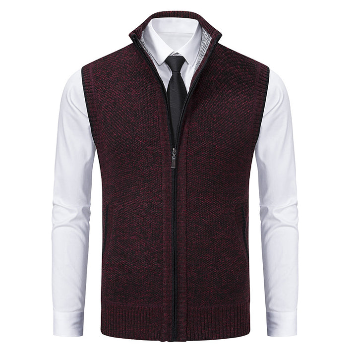 Herren Ärmellose Mélange‑Strickweste mit Stehkragen, durchgehendem Reißverschluss und Eingrifftaschen Drune