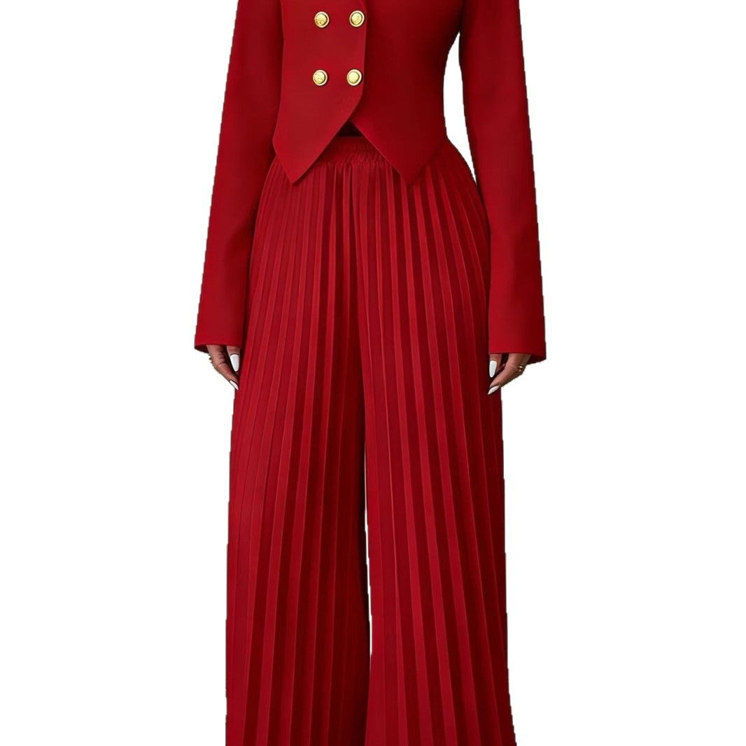 Damen Taillierter Doppelreihiger Blazer und plissierte Palazzo-Hose Drune