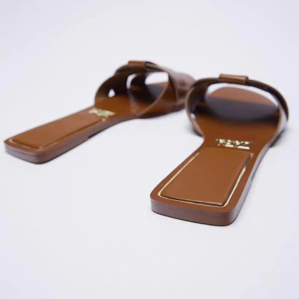 Damen Jeans-Optik Slide-Sandalen mit gekreuzten Stoffriemen und flacher Komfortsohle Drune