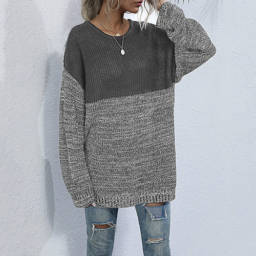 Damen Oversize Strickpullover mit Colorblock-Optik, rundem Ausschnitt und melierter Strukturstrick Drune