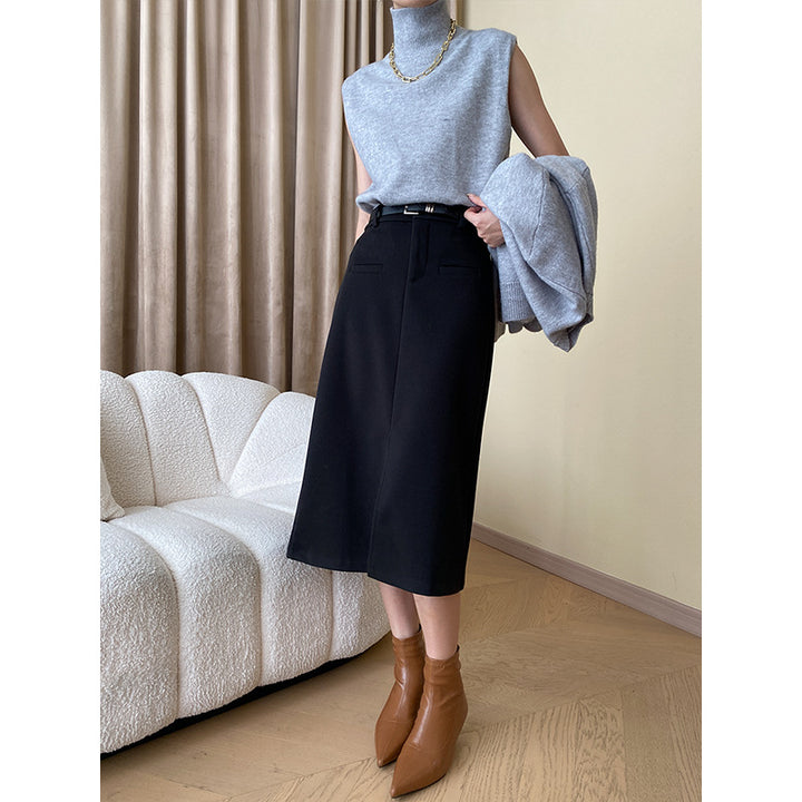 Damen eleganter Midirock mit hohem Bund und praktischen Eingrifftaschen Drune