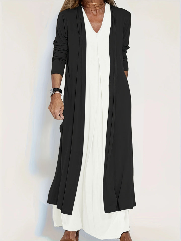 Damen Langer Offener Jersey-Cardigan mit Eingrifftaschen und fließender Drapierung Drune