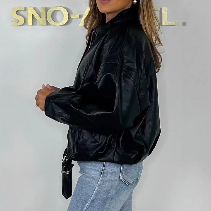 Damen Modische Kunstlederjacke mit Bauchgurt