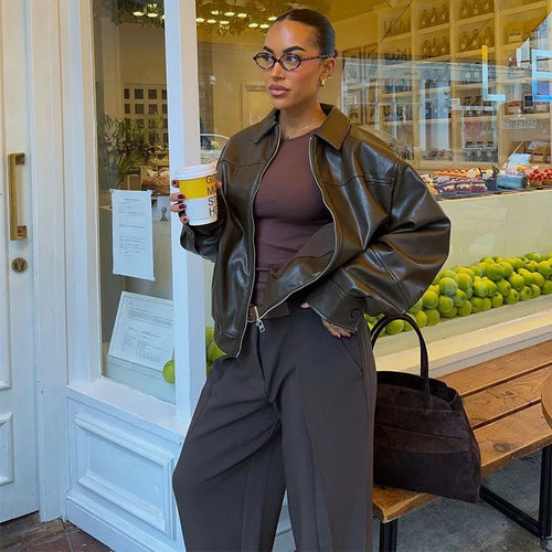 Damen modische Kunstlederjacke mit elastischem Bund Drune
