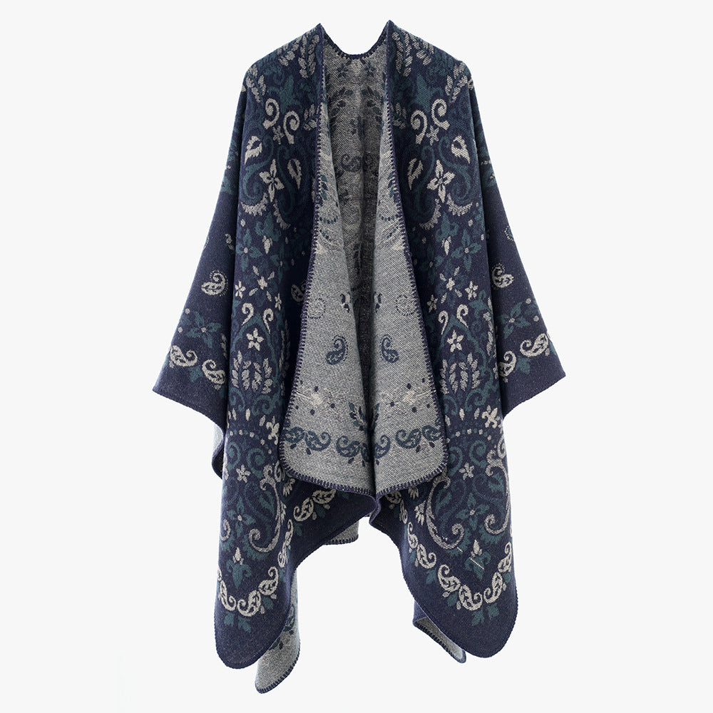 Damen Reversibler Ornamentaler Capeponcho mit feiner Jacquardstruktur Drune
