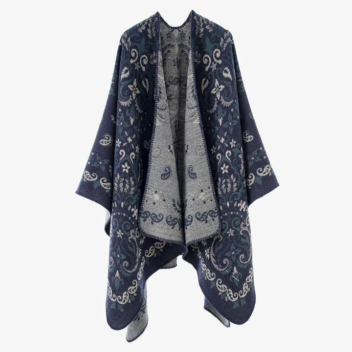 Damen Reversibler Ornamentaler Capeponcho mit feiner Jacquardstruktur Drune