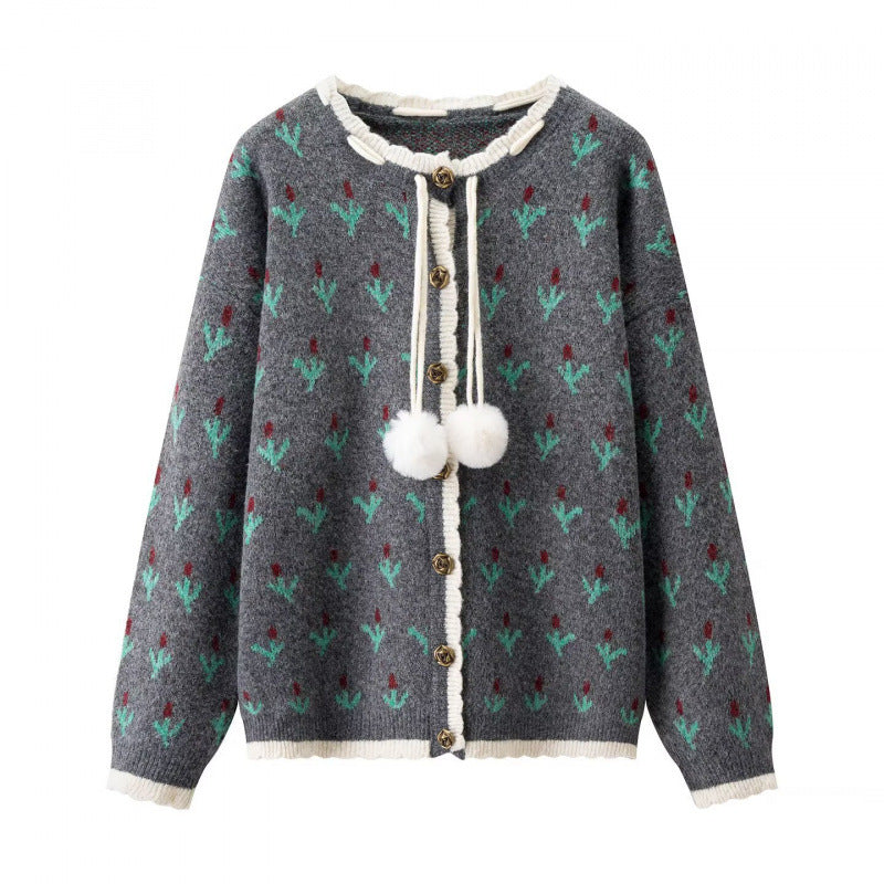 Damen Zweiteiliges Strickset mit gemustertem Cardigan, Pomponbändern und Midirock Drune