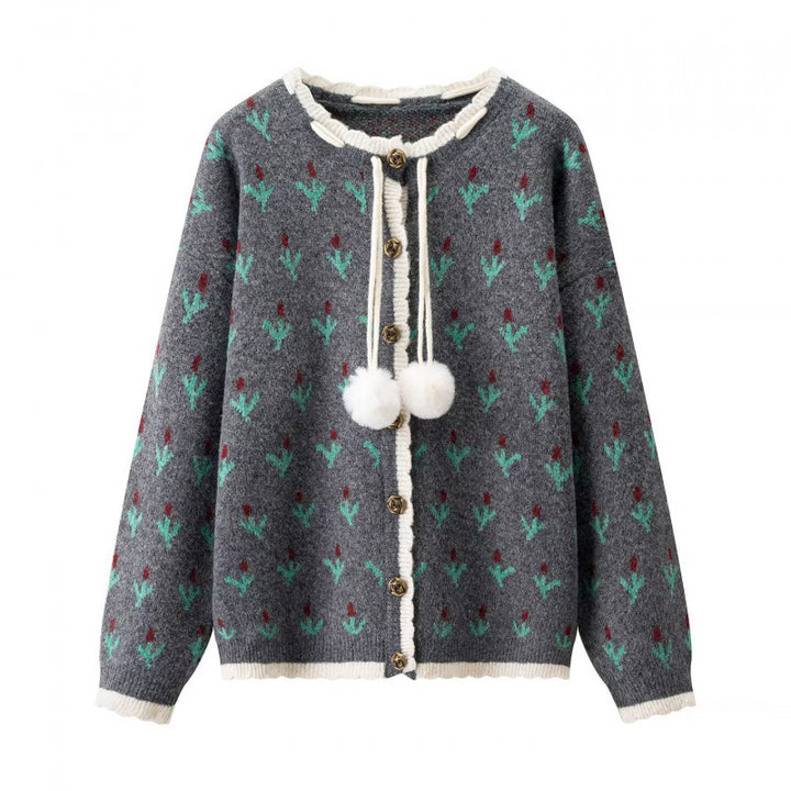Damen Zweiteiliges Strickset mit gemustertem Cardigan, Pomponbändern und Midirock Drune