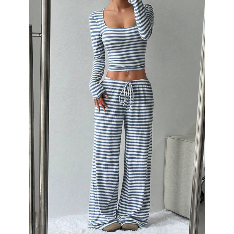 Damen Gestreifter Lounge-Zweiteiler mit weitem Bein und Cropped Langarmtop Drune