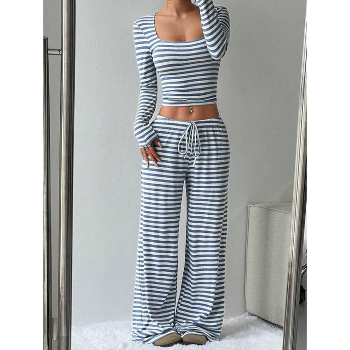 Damen Gestreifter Lounge-Zweiteiler mit weitem Bein und Cropped Langarmtop Drune