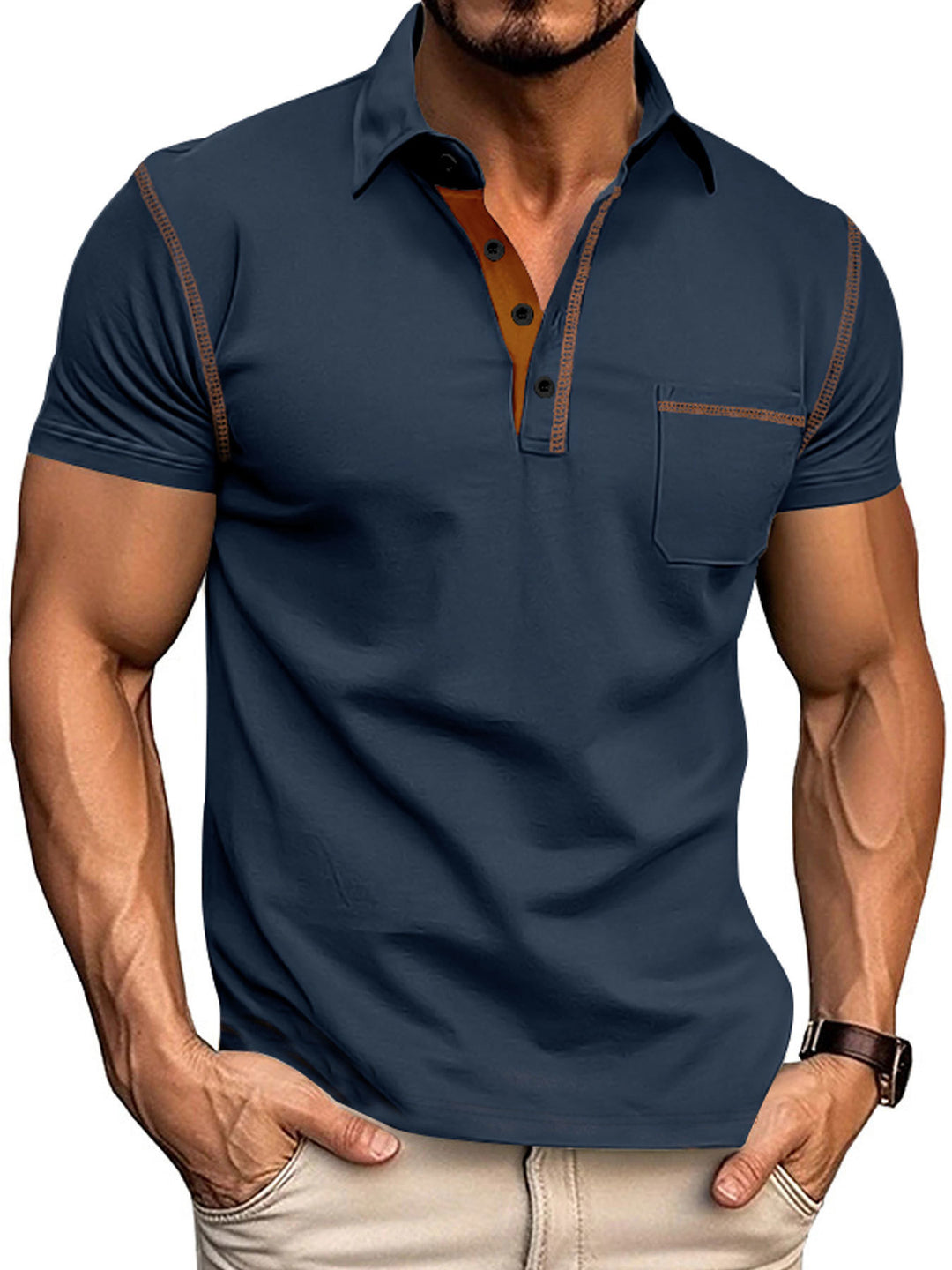 Herren nan Kurzarm-Polo mit Brusttasche, kontrastierender Steppnaht und Hemdkragen Drune