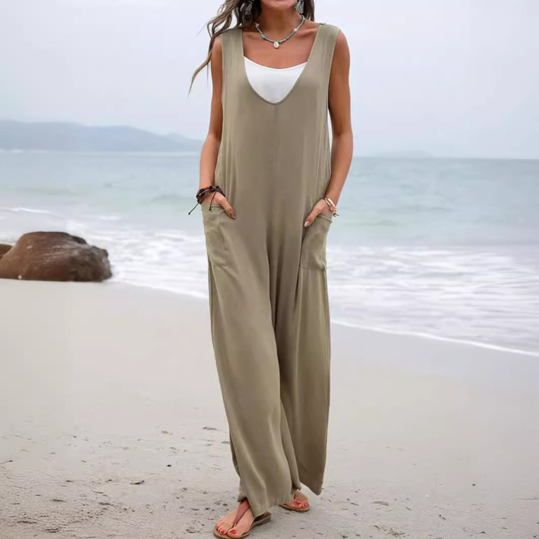 Damen lässiger Jumpsuit mit weit geschnittenem Bein und komfortablen Taschen Drune