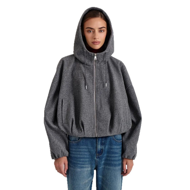 Damen Kurzjacke aus Wollmix mit Kapuze, kastiger Boxy‑Silhouette & gerafftem Saum Drune