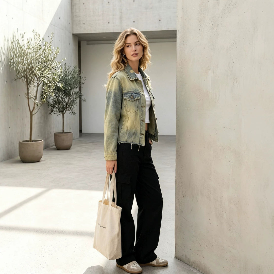 Damen nan kurze Denimjacke im Destroyed-Look mit Brusttaschen und rohem Saum Drune