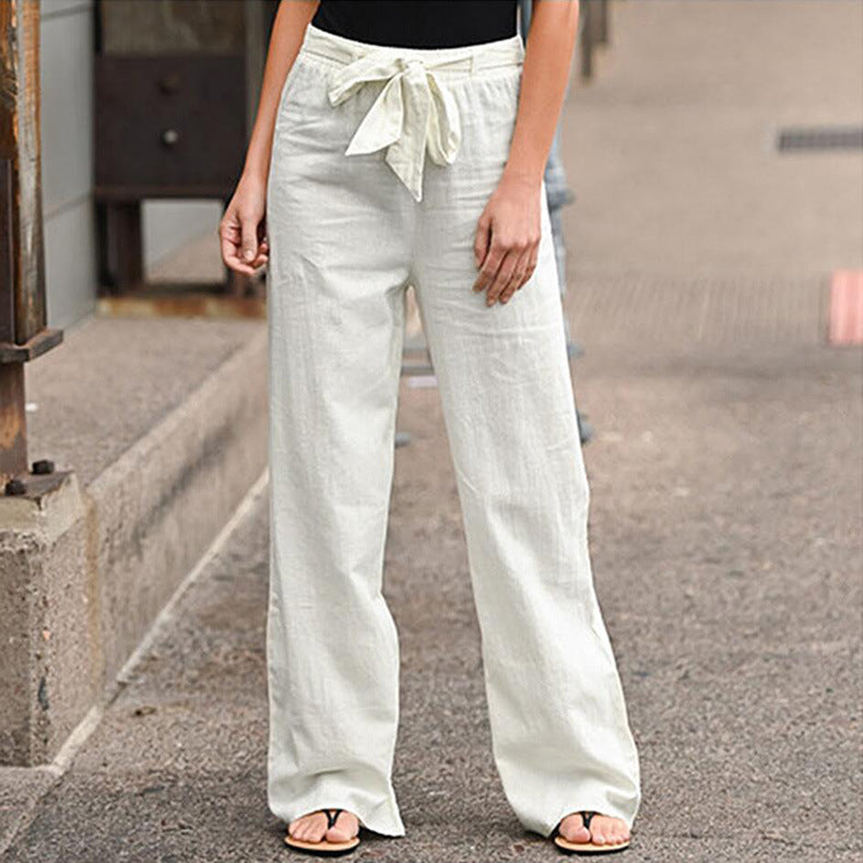 Damen bequeme Leinenhose mit elastischem Bund und verstellbarem Bindegürtel Drune