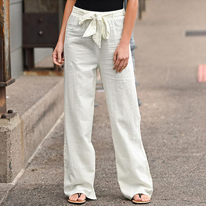 Damen bequeme Leinenhose mit elastischem Bund und verstellbarem Bindegürtel Drune