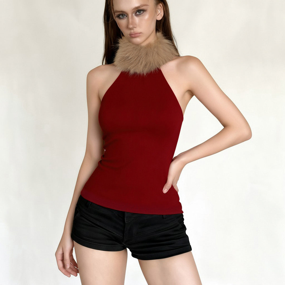 Damen elegantes Oberteil mit abnehmbaren Kunstfellkragen Drune