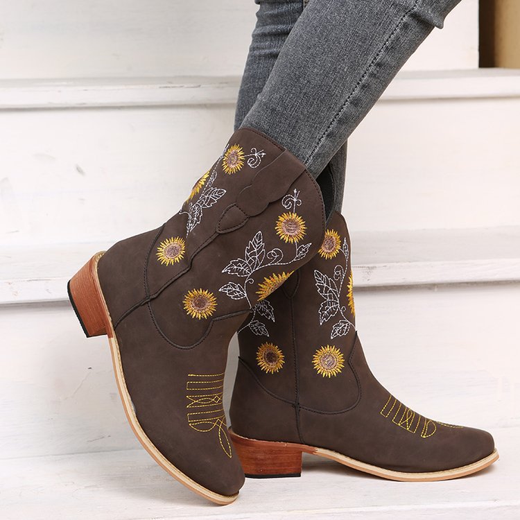 Damen Western-Stiefel mit bestickten Sonnenblumen und komfortablem Blockabsatz Drune