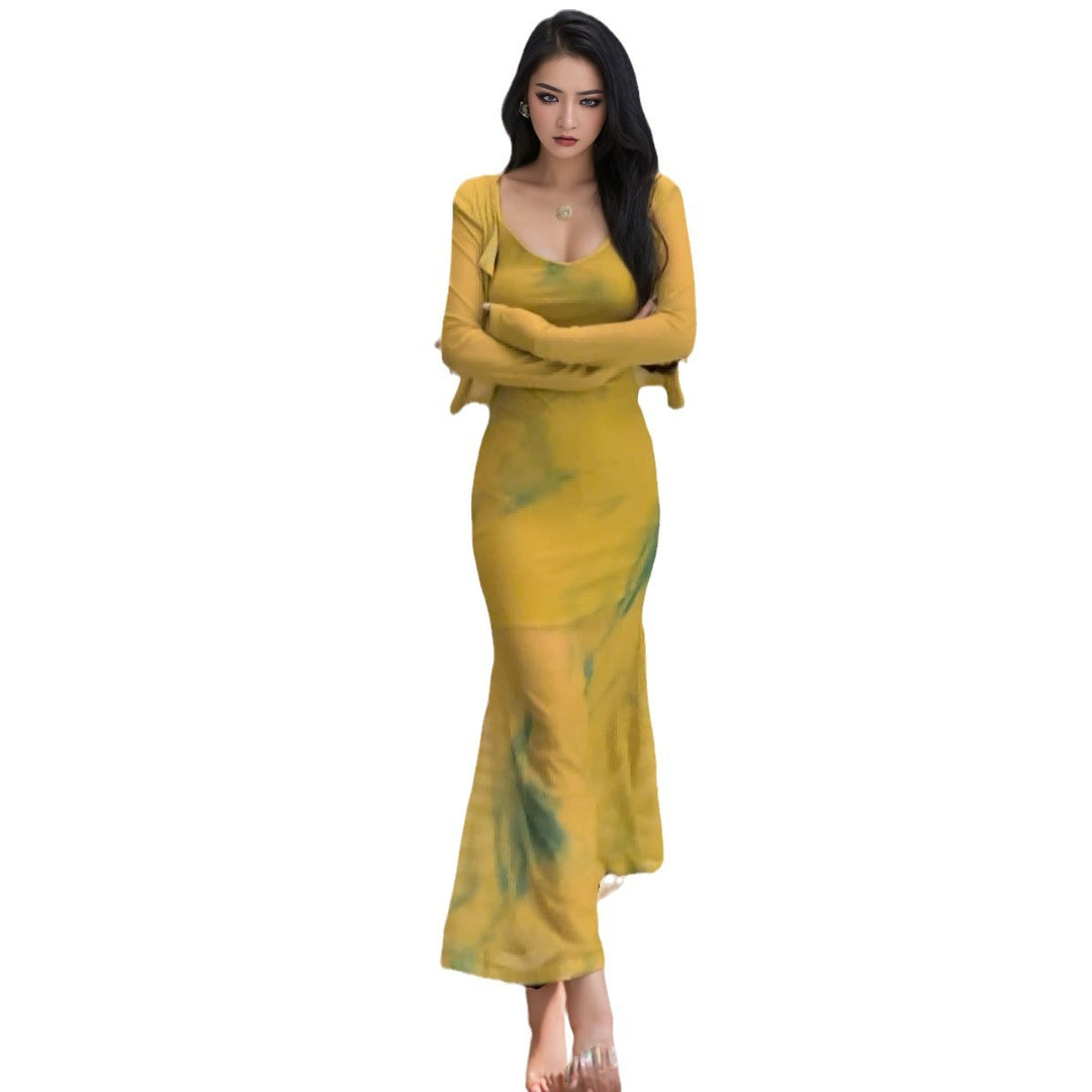 Damen Zweiteiliges Maxikleid-Set mit tailliertem Slipkleid und kurzem Langarm-Cardigan Drune
