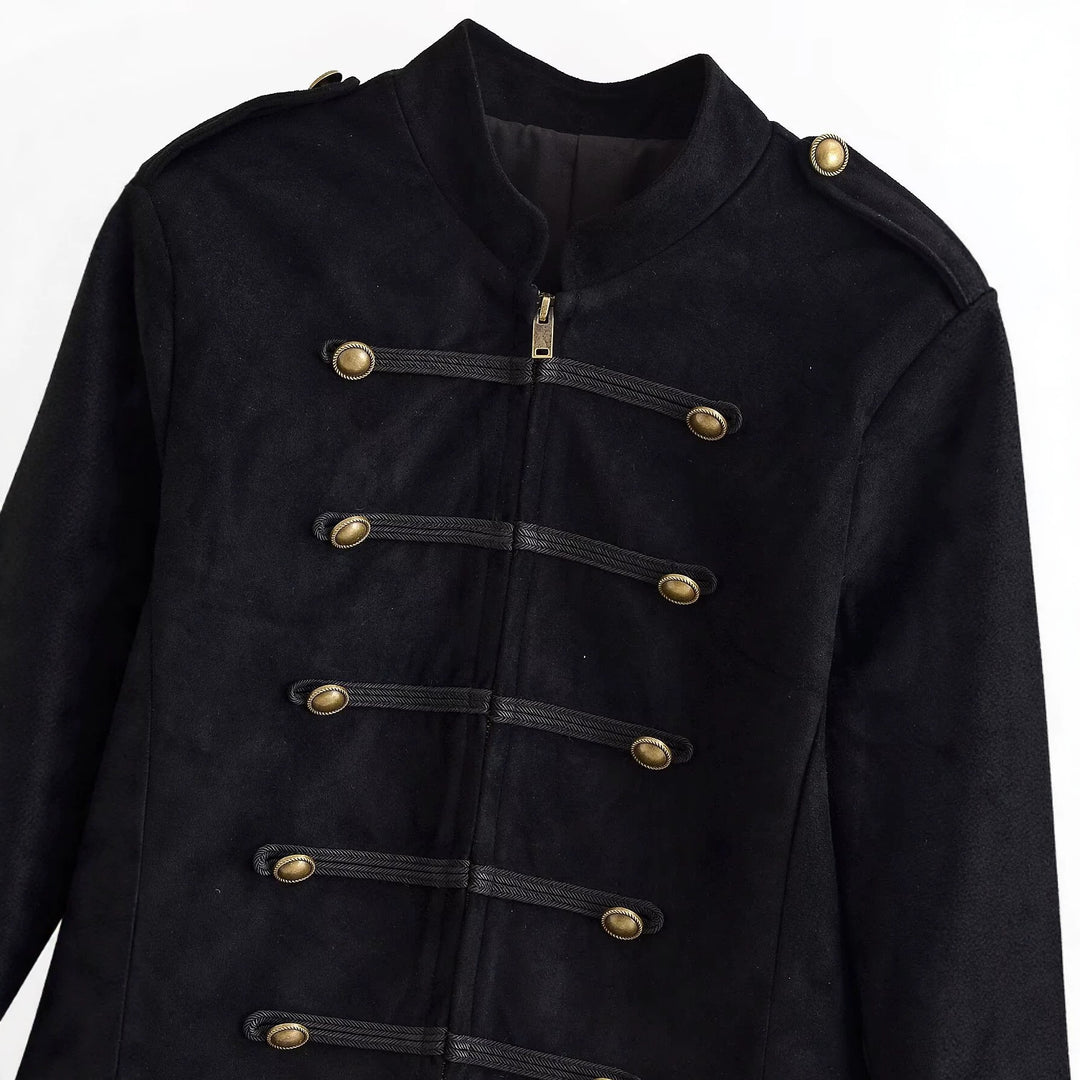 Damen Militärjacke kurz geschnitten mit Zierknöpfen und Stehkragen Drune