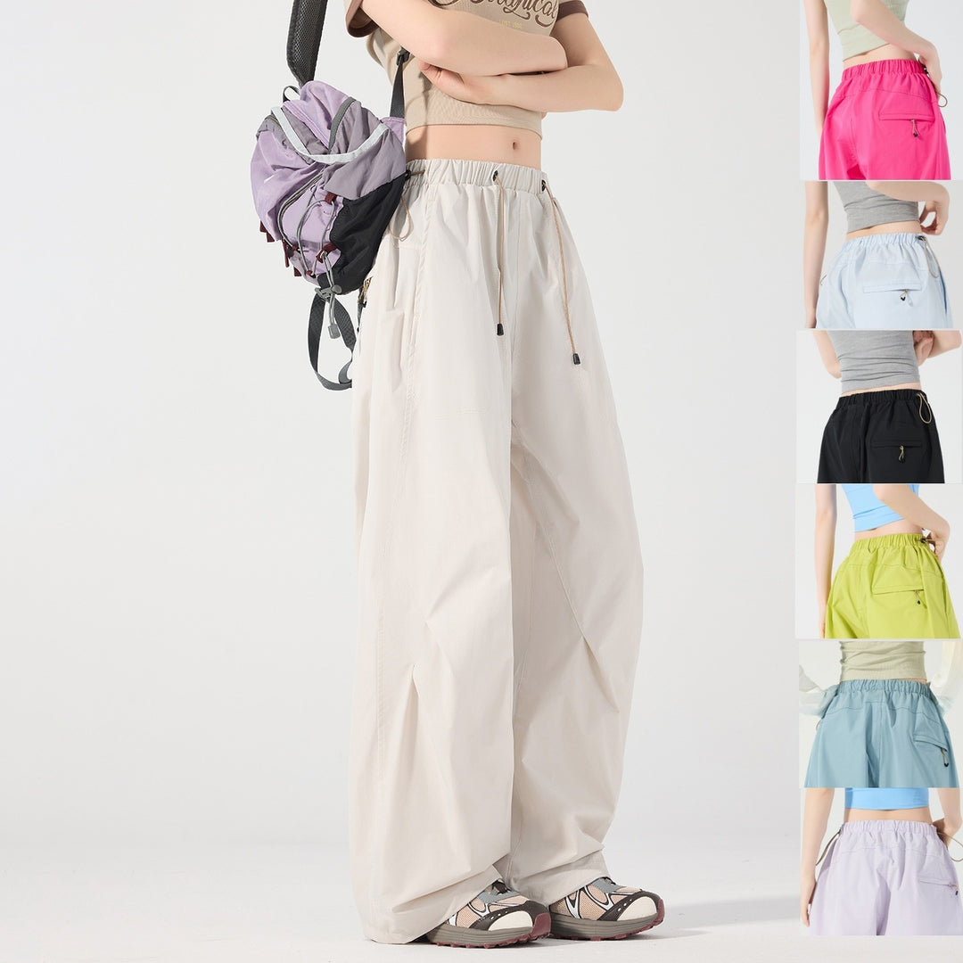 Damen Weite Nylon-Baggyhose mit elastischem Tunnelzugbund & Utility‑Taschen Drune