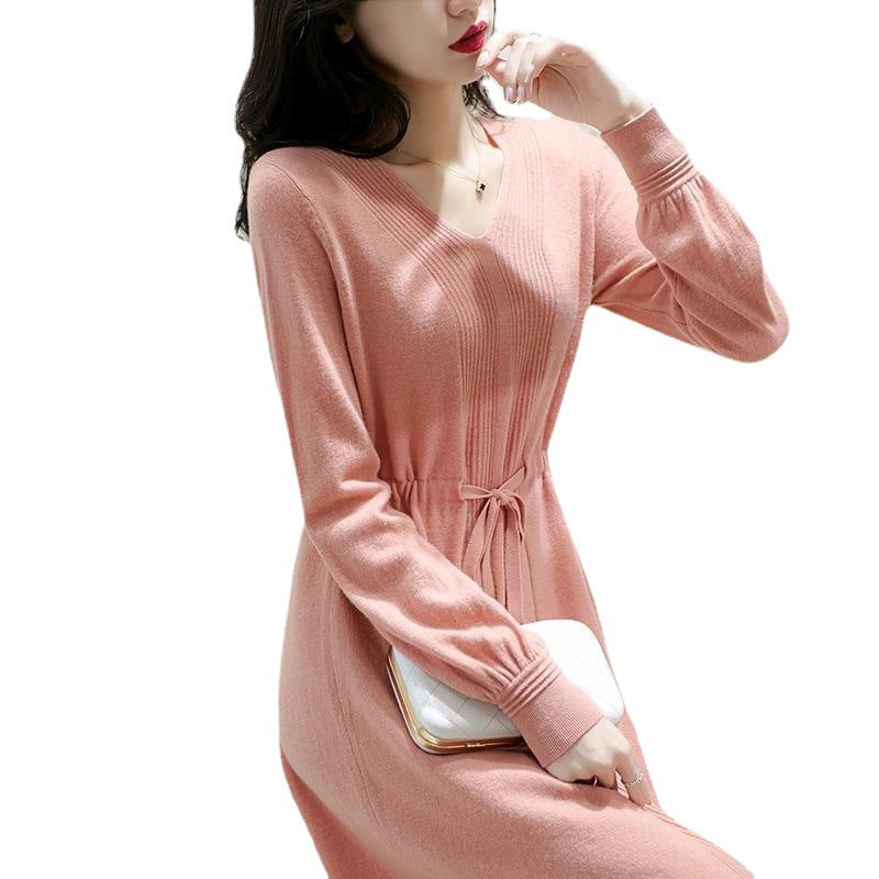 Damen Strickkleid mit taillierbarem Gürtel und fein strukturiertem Oberteil Drune