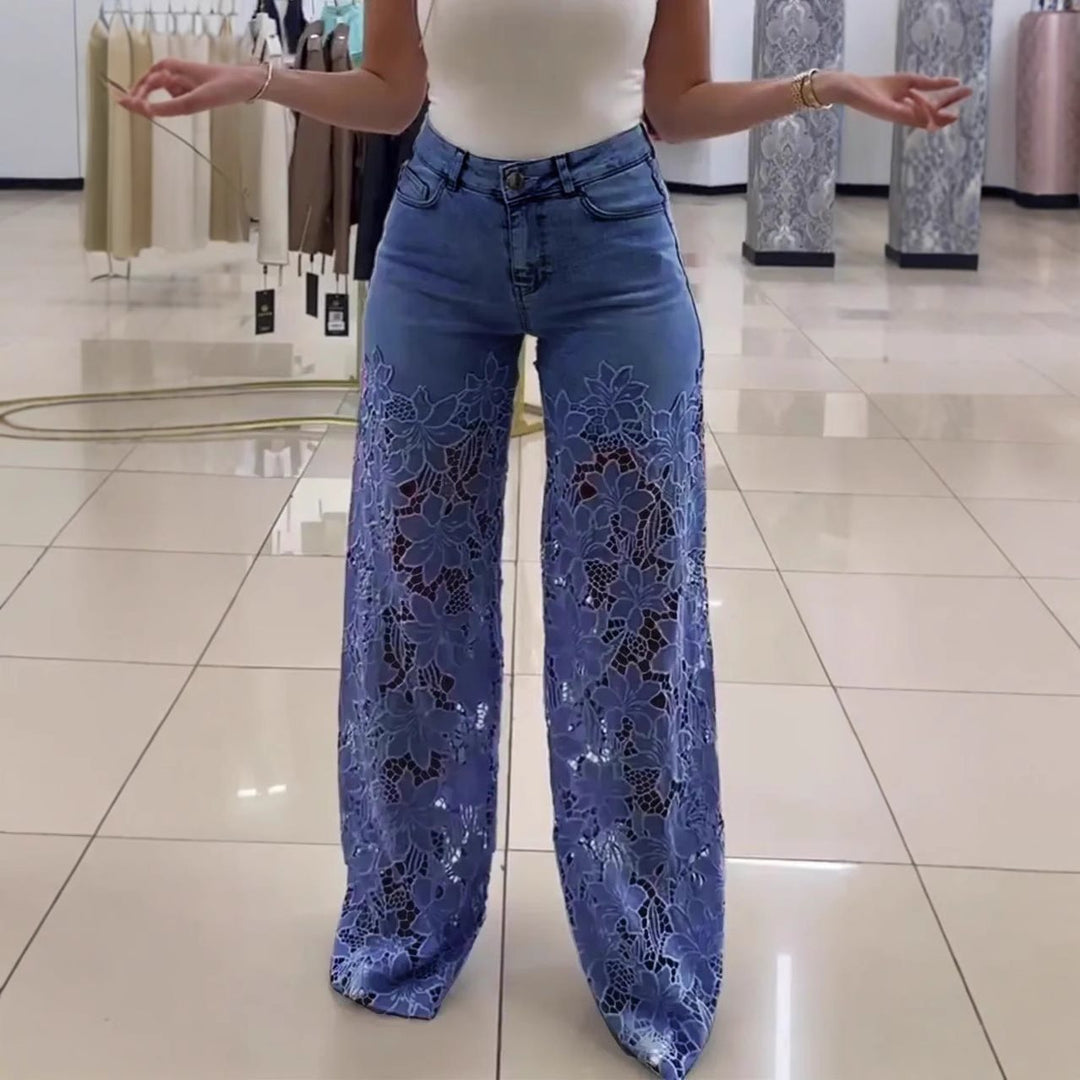 Damen Elegante weite Jeanshose mit floralem Spitzeinsatz Drune