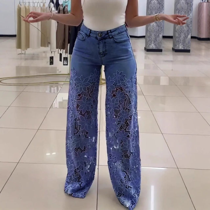 Damen Elegante weite Jeanshose mit floralem Spitzeinsatz Drune