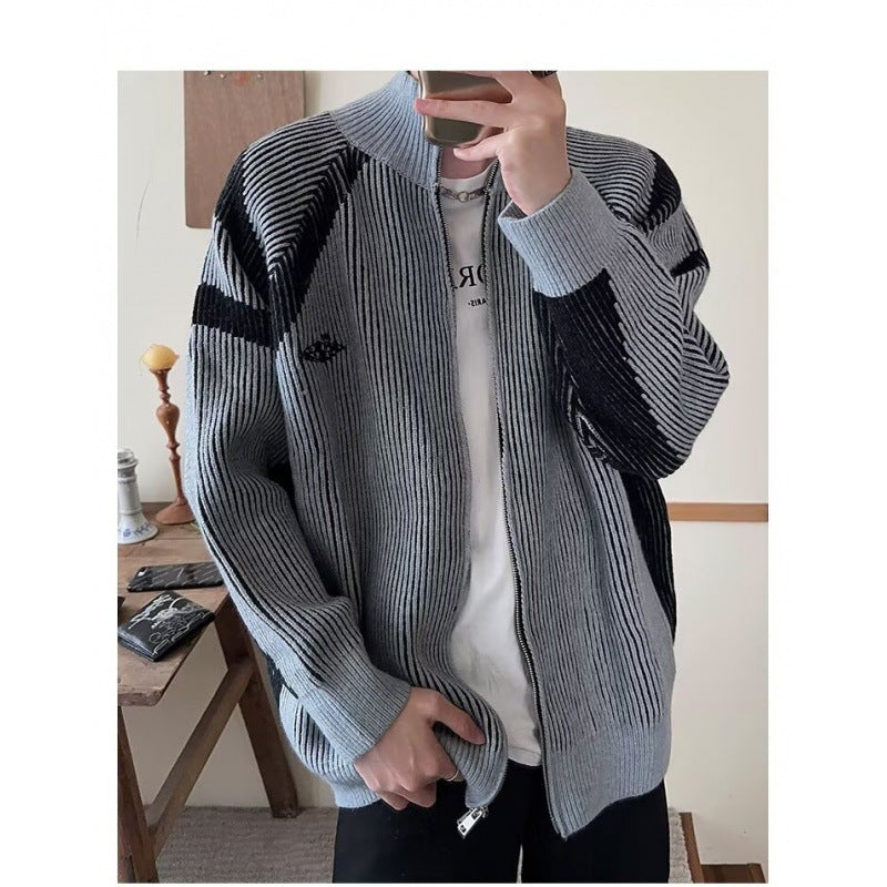 Herren modische Strickjacke mit modernem Zipper und auffälligem Streifenmuster Drune