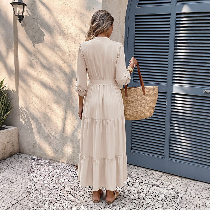 Damen Elegantes Maxikleid mit Taillengürtel und Rüschendetails Drune