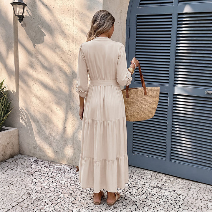 Damen Elegantes Maxikleid mit Taillengürtel und Rüschendetails Drune
