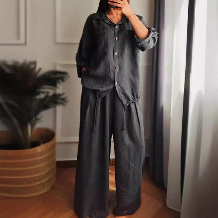 Damen Leinen-Set mit weiten Hosen undlässiger Bluse Drune