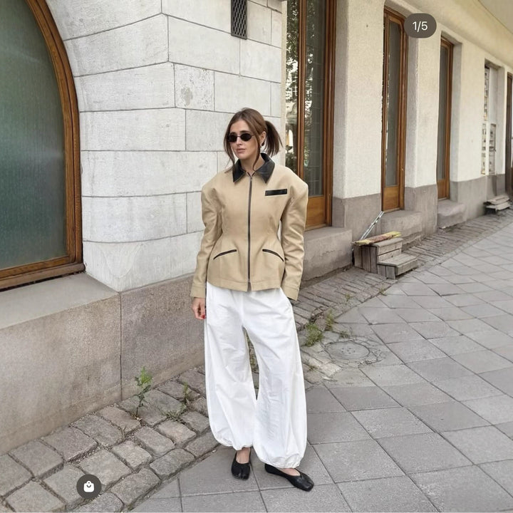 Damen Taillierte Kurzjacke mit Reißverschluss und Kunstlederbesatz Drune