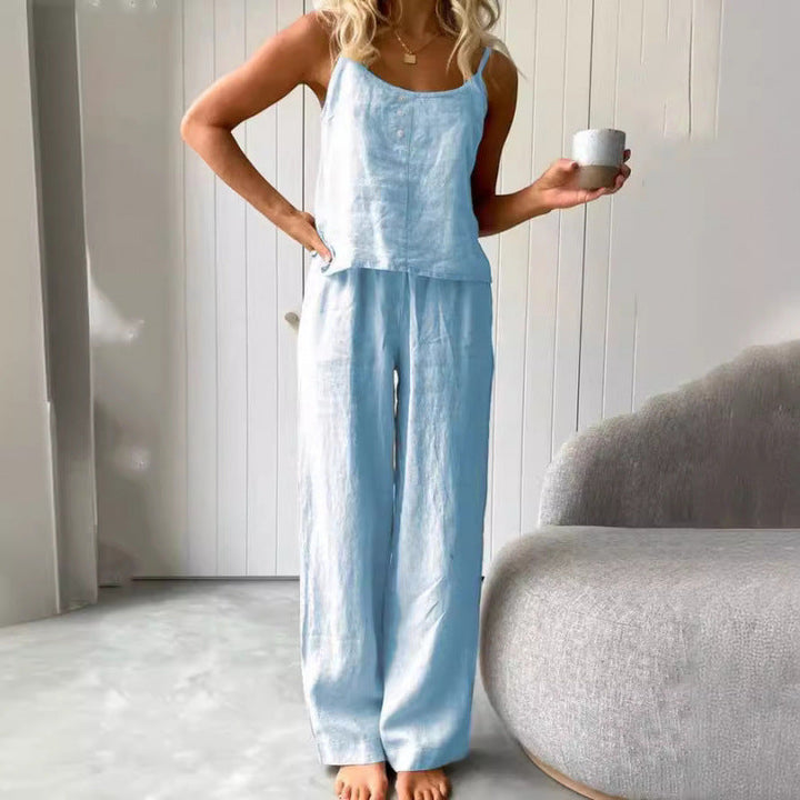 Damen lässiges Leinen-Set mit trägerloser Bluse und weiten Hosen Drune