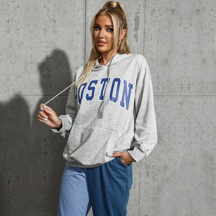 Damen Kapuzenpullover mit Collegestyle-Print, Kängurutasche und lässiger Oversize-Passform Drune