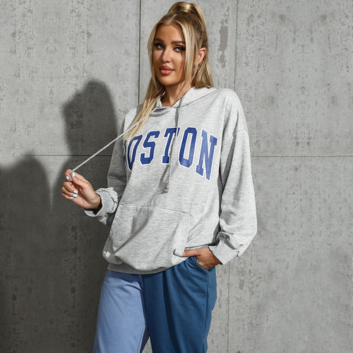 Damen Kapuzenpullover mit Collegestyle-Print, Kängurutasche und lässiger Oversize-Passform Drune