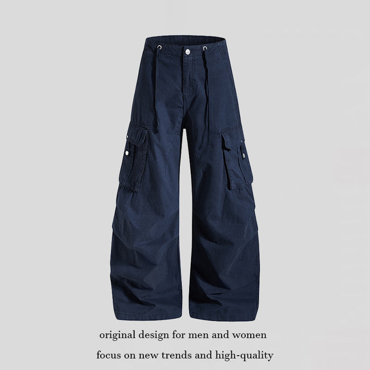 Damen weite High-Waist Cargo-Hose mit Tunnelzugbund und großen Klapptaschen Drune