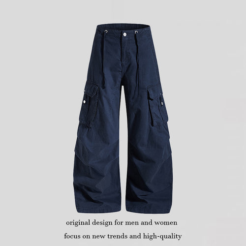 Damen weite High-Waist Cargo-Hose mit Tunnelzugbund und großen Klapptaschen Drune