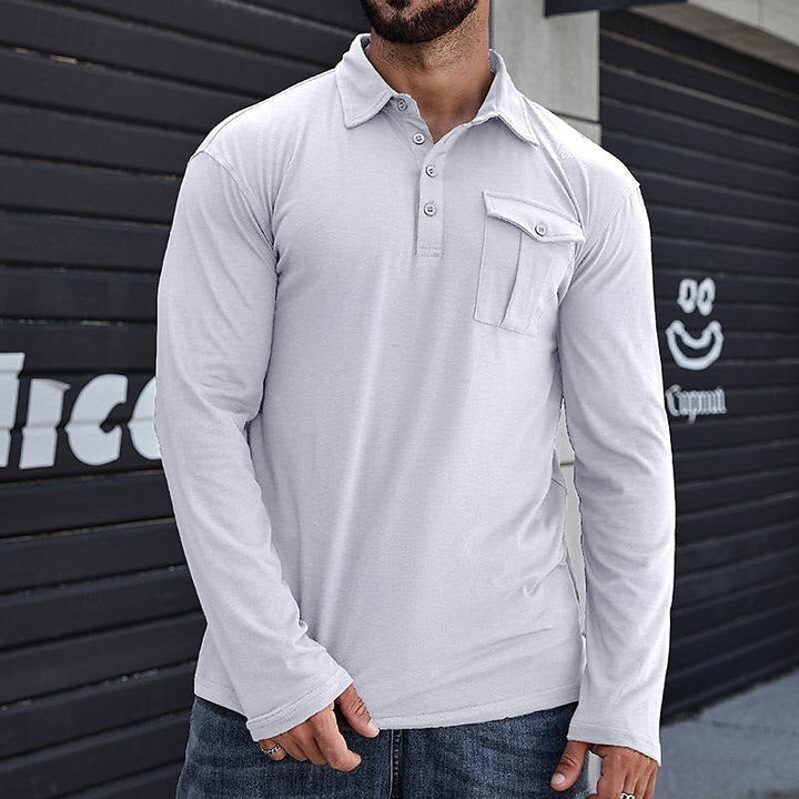 Drune | Henley Pique Shirt Lange Ärmel Moderner Kragen Brusttasche Normale Passform