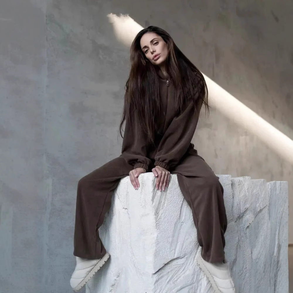 Damen Velours-Loungewear-Set mit kurzem Reißverschluss-Hoodie und weiter hochgeschnittener Palazzohose Drune