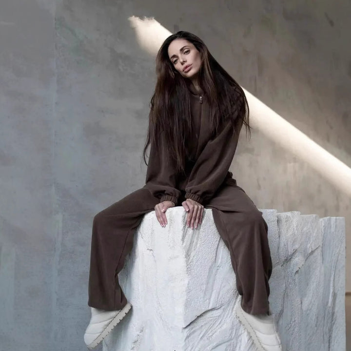 Damen Velours-Loungewear-Set mit kurzem Reißverschluss-Hoodie und weiter hochgeschnittener Palazzohose Drune