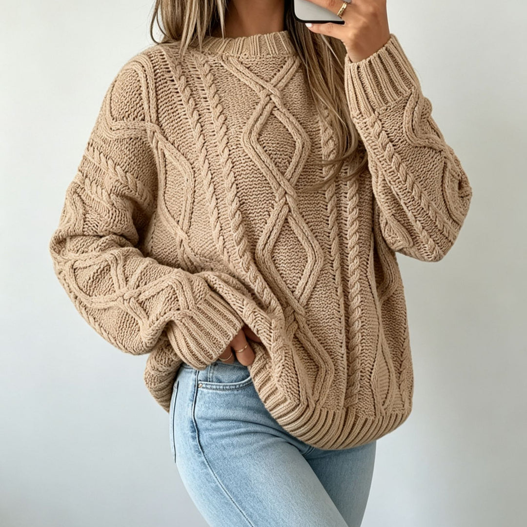 Damen Oversize Flechtstrick-Pullover mit Zopfmuster und Rundhals Drune
