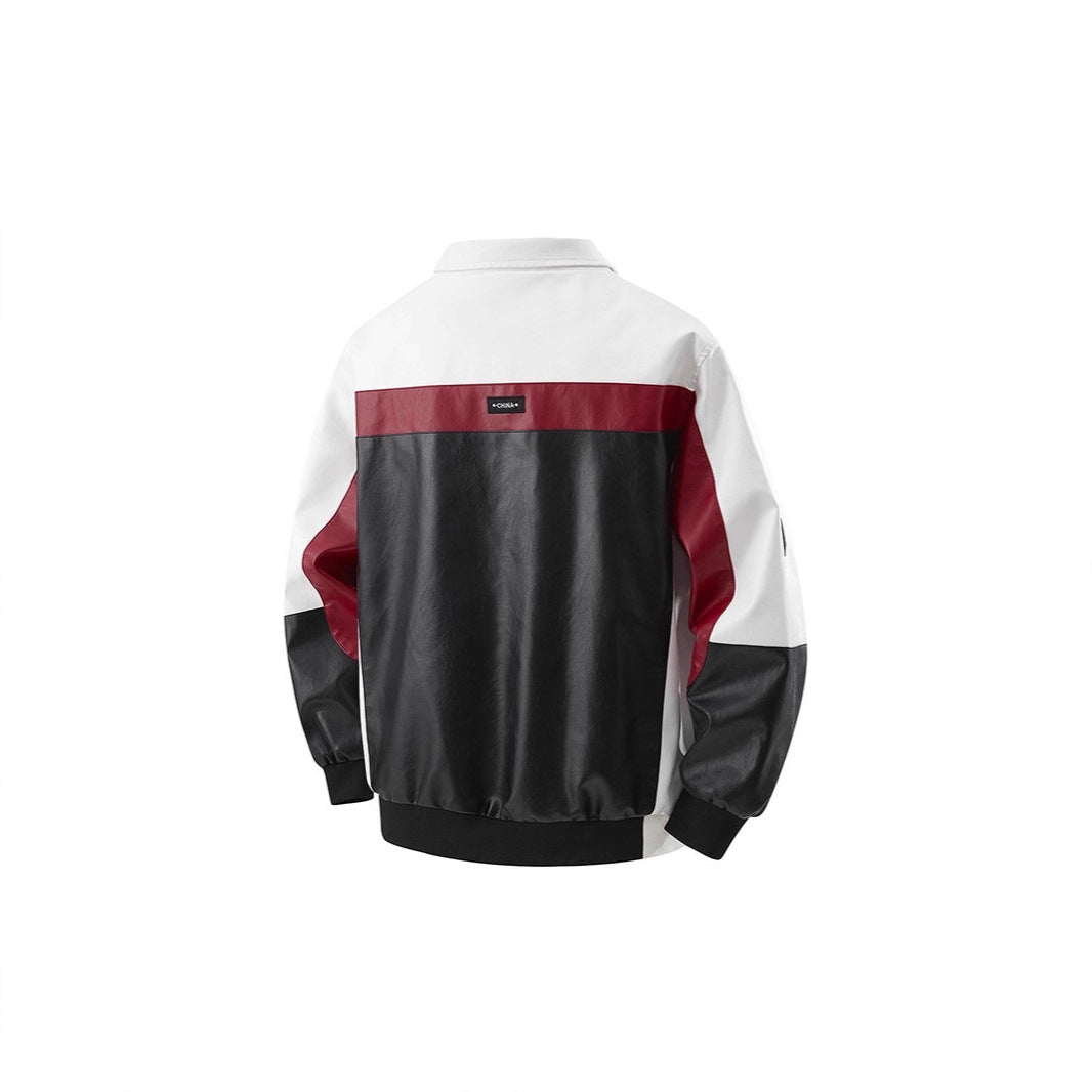 Herren Retro-inspirierte Lederimitat-Blockjacke mit Stehkragen und Reißverschluss Drune