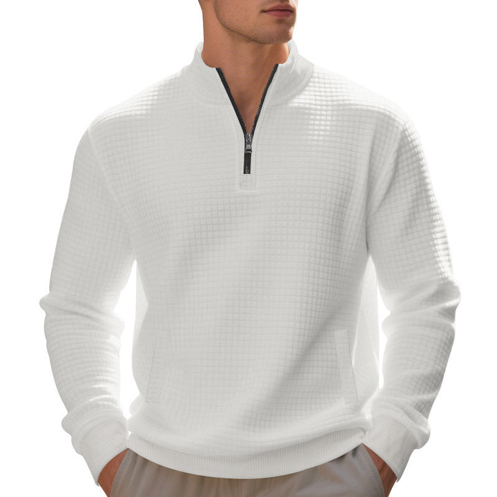 Herren Waffelstrick-Halbzip-Pullover mit Stehkragen, Kängurutasche & gerippten Abschlüssen Drune