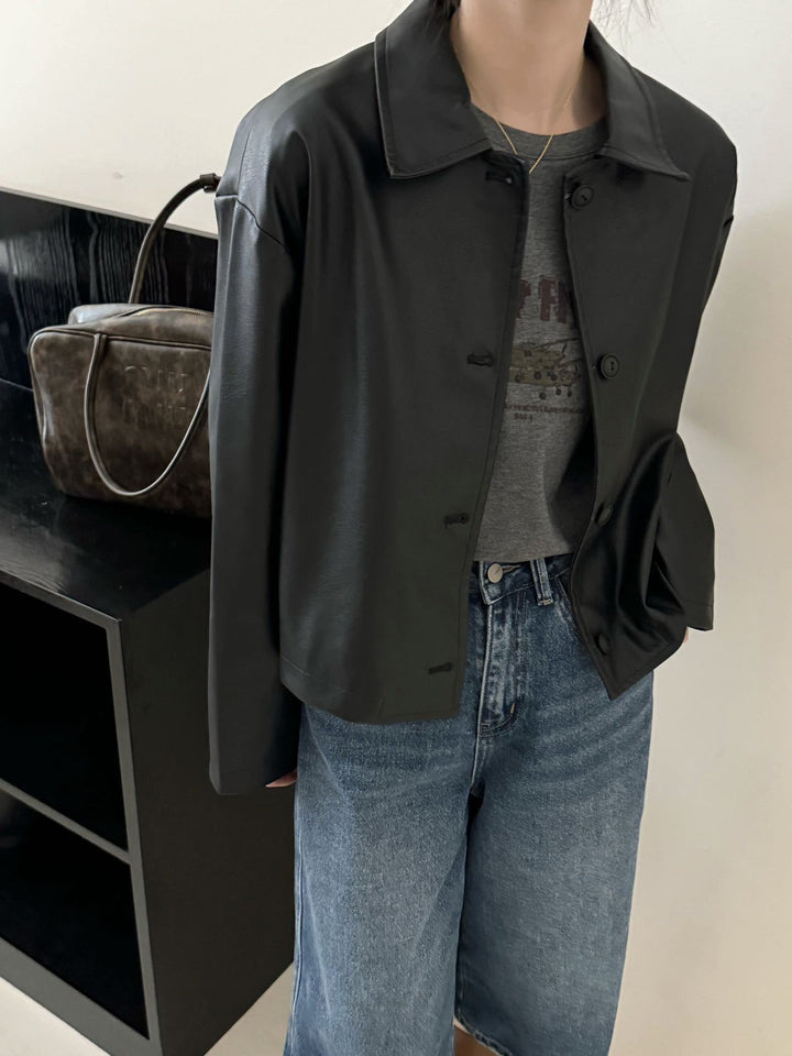 Damen Kurze Boxy-Lederjacke mit Hemdkragen Drune