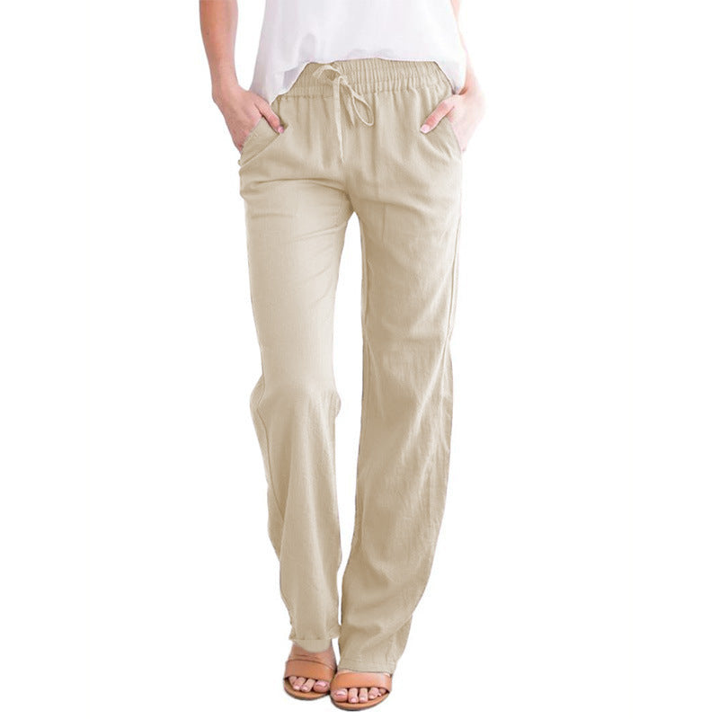 Damen Leichte Leinenoptik Palazzo-Hose mit Gummibund, Tunnelzug und Eingrifftaschen Drune