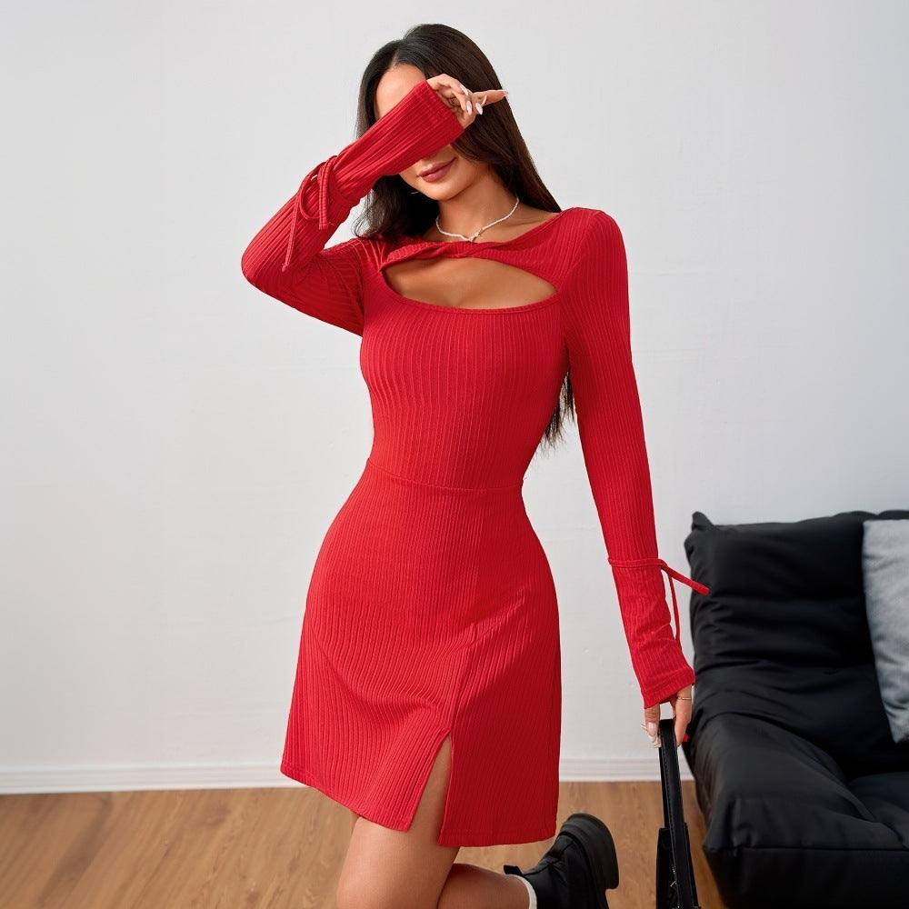 Damen geripptes Langarm-Minikleid mit Cut-Out, taillierter Silhouette, Bindärmeln und Seitenschlitz Drune